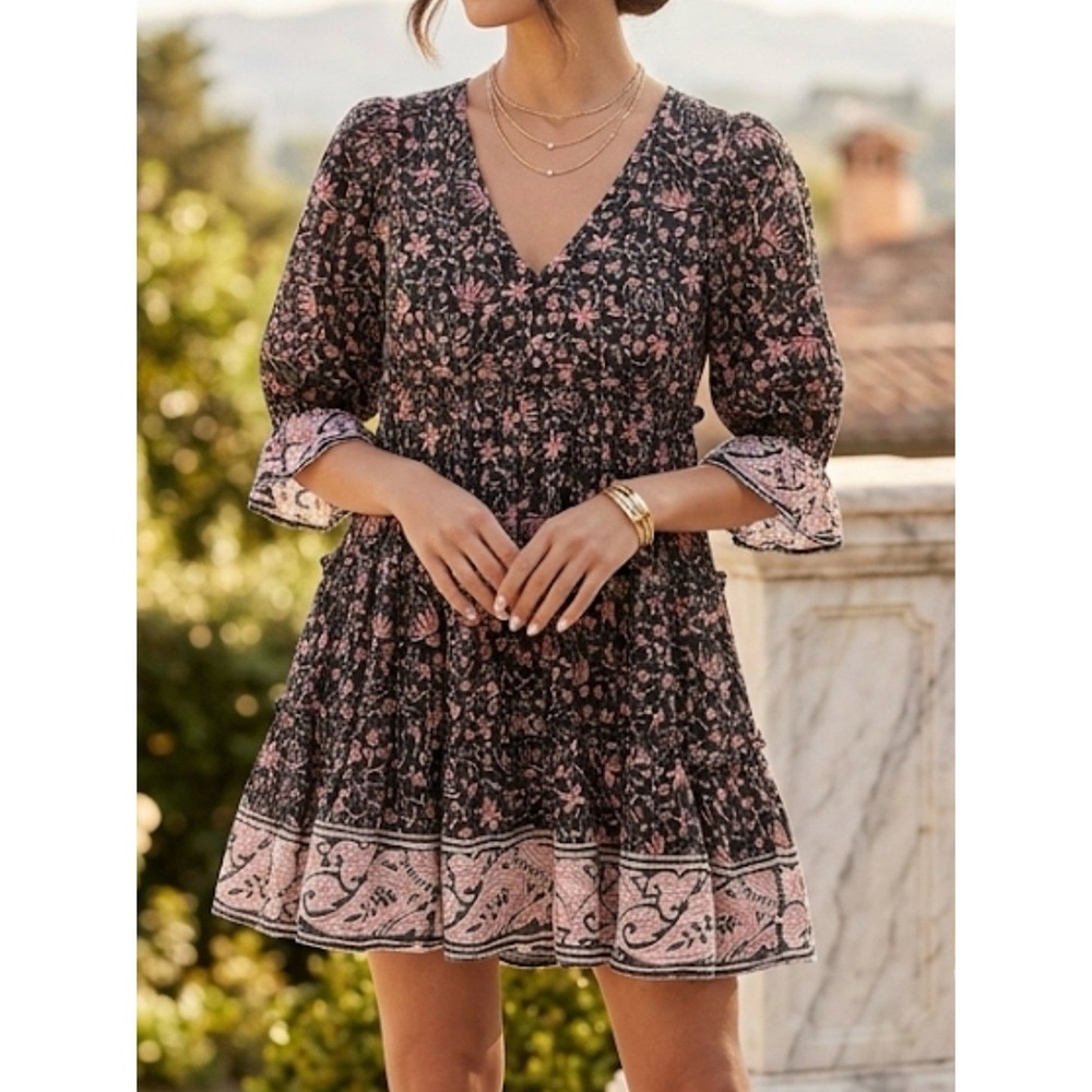 Cleobella Organic Cotton Floral Metallic Tiered Mini‎ Dress Black Pink Small NEW